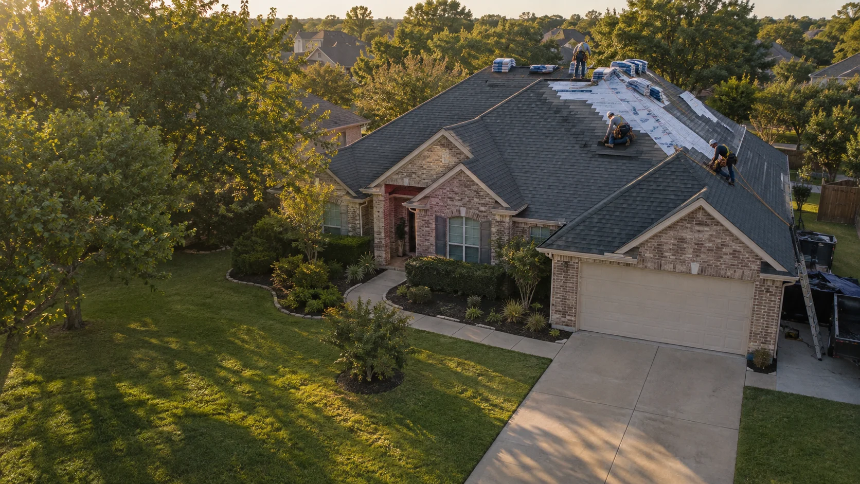 Crew installing charcoal shingles on a brick home